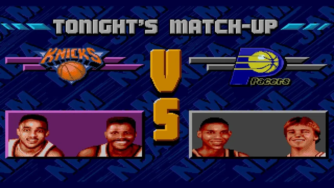 A screenshot from the beloved 90's basketball arcade game NBA JAM from the "Tonight's Matchup" screen. Here is an upcoming bout between the New York Knicks (represented by Patrick Ewing and John Starks) and the Indiana Pacers (represented by Reggie Miller and Rik Smits.)